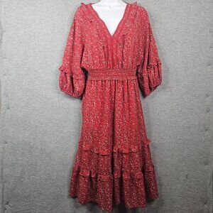 Max studio Size L Women's V-neck Empire Waist Dark Red Floral Dress